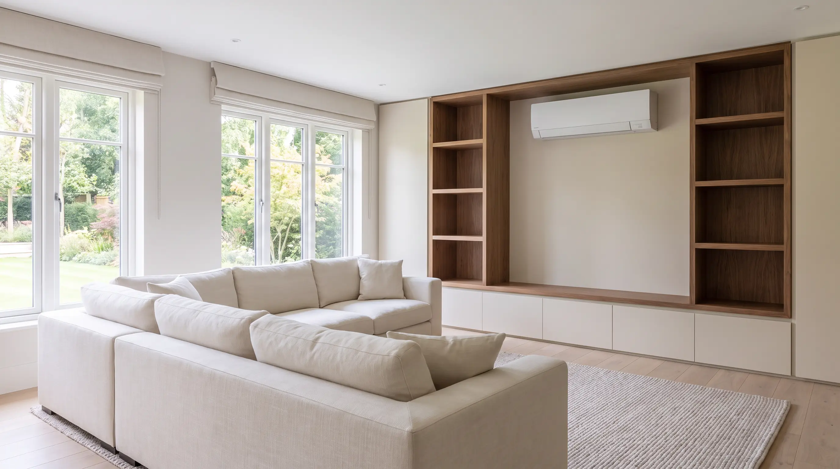 Calm sitting room with a discreet unit above alcove joinery