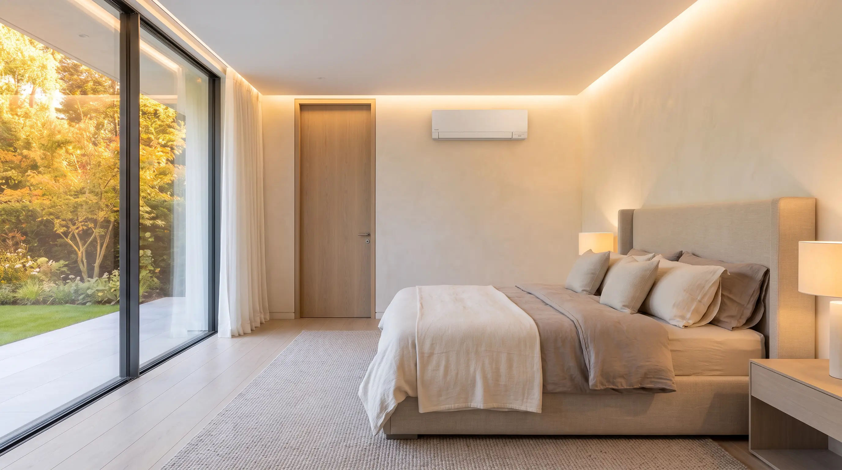 Serene master bedroom in the evening with a discreet unit above the door