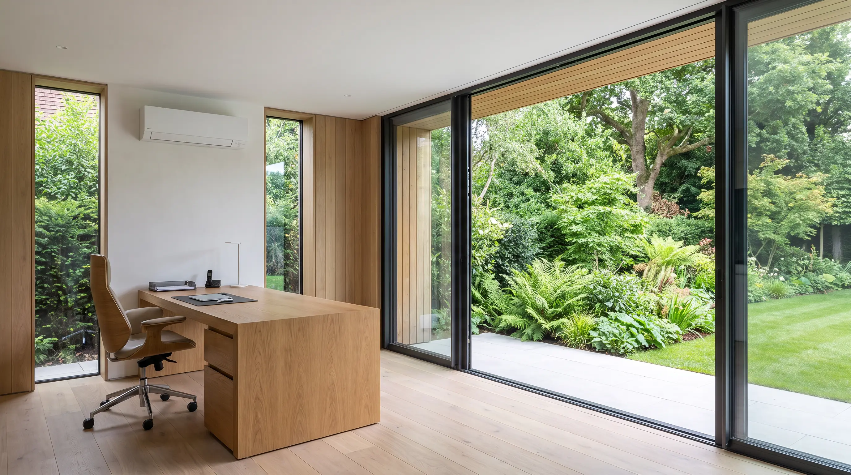 Garden studio office kept cool behind full-height glazing