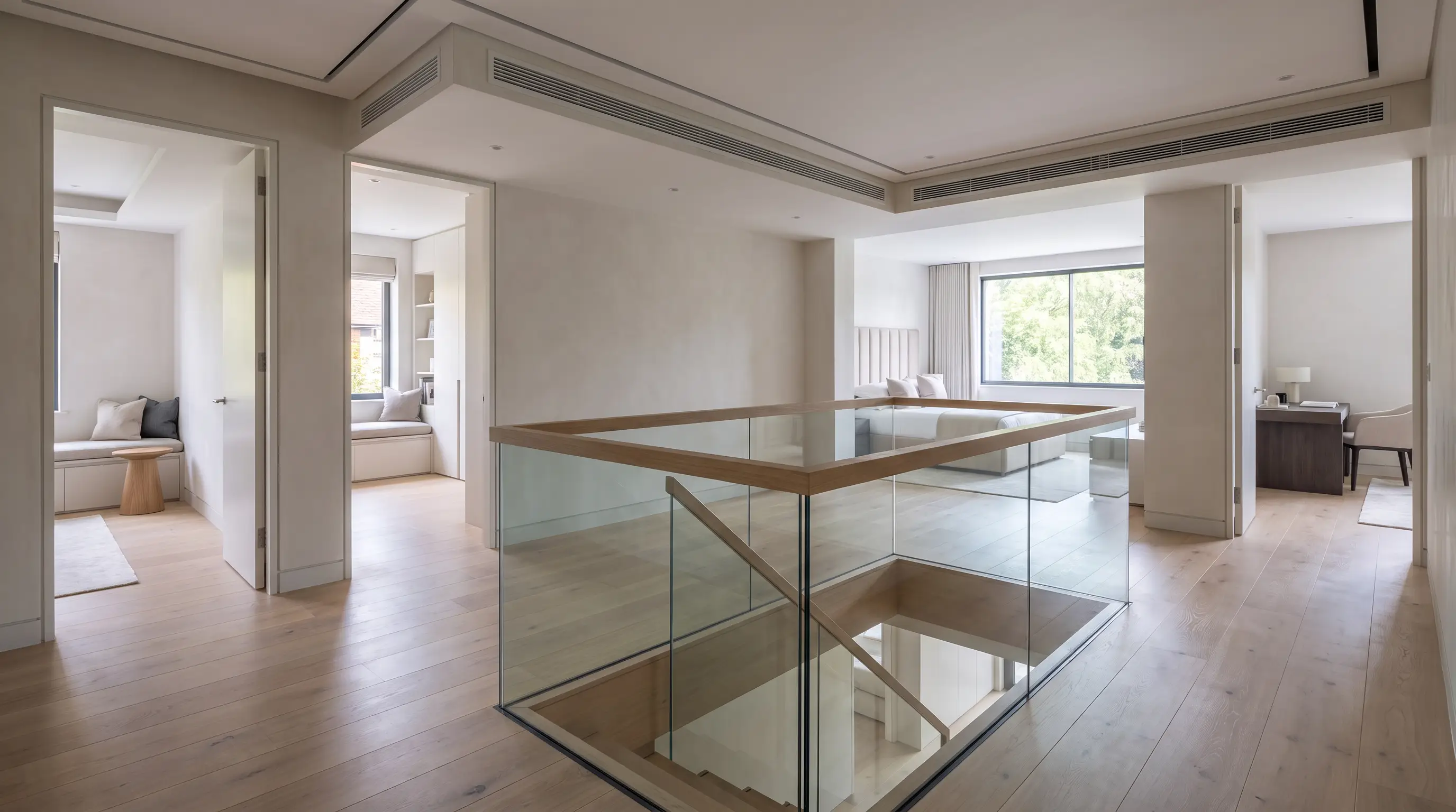 View up the staircase of a home that is comfortable on every floor
