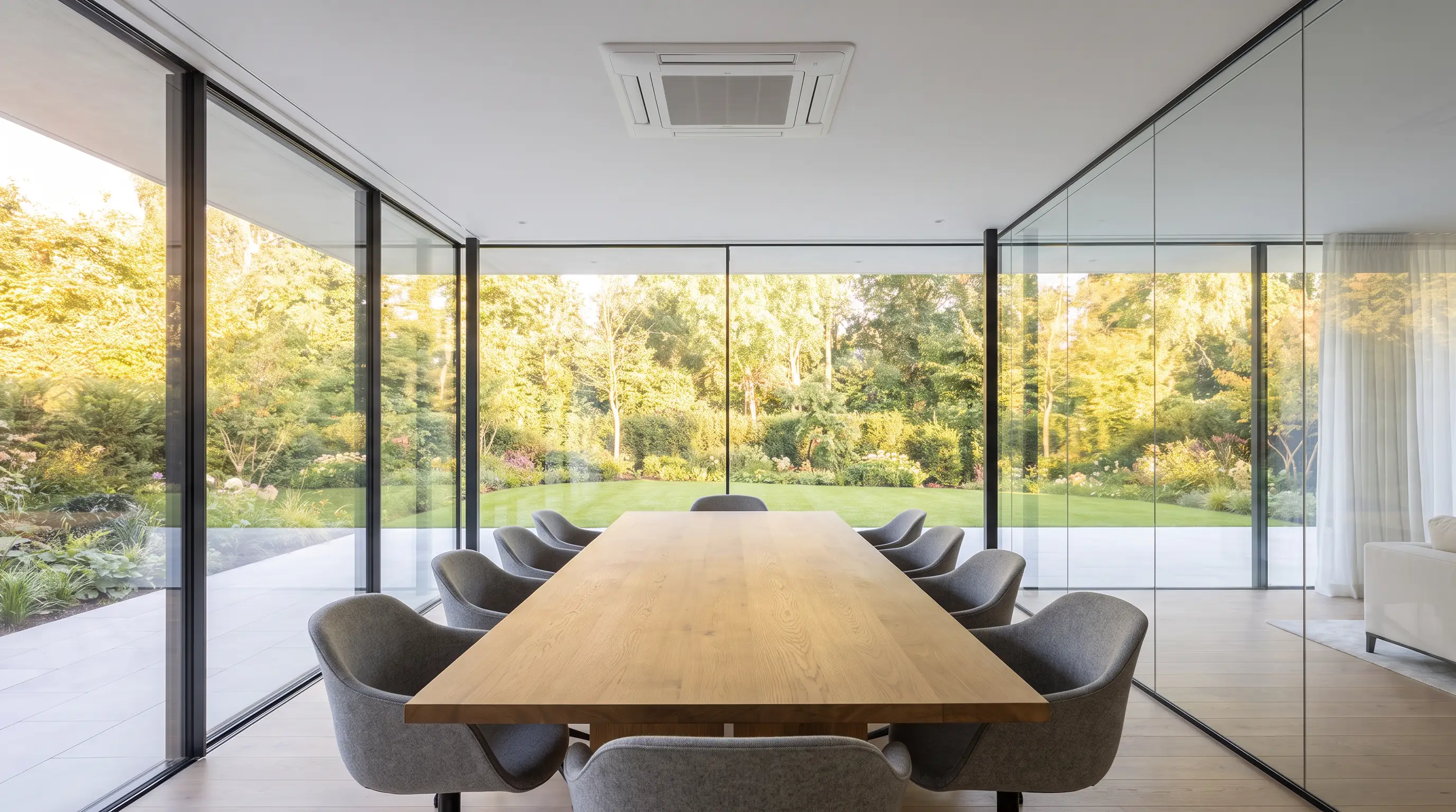 Glass-walled meeting room with a flush ceiling cassette