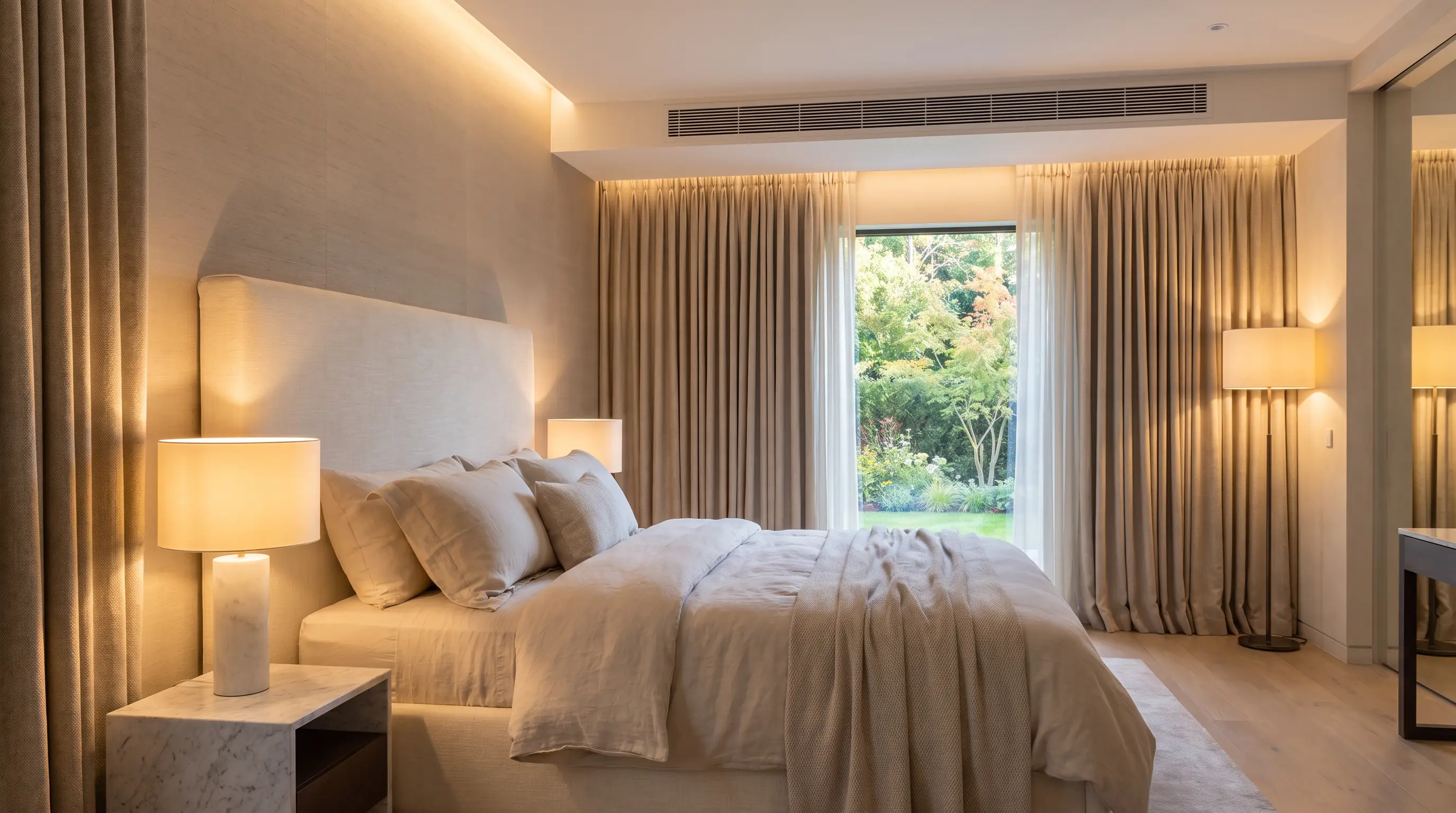 Boutique hotel bedroom with concealed ducted grille above the window