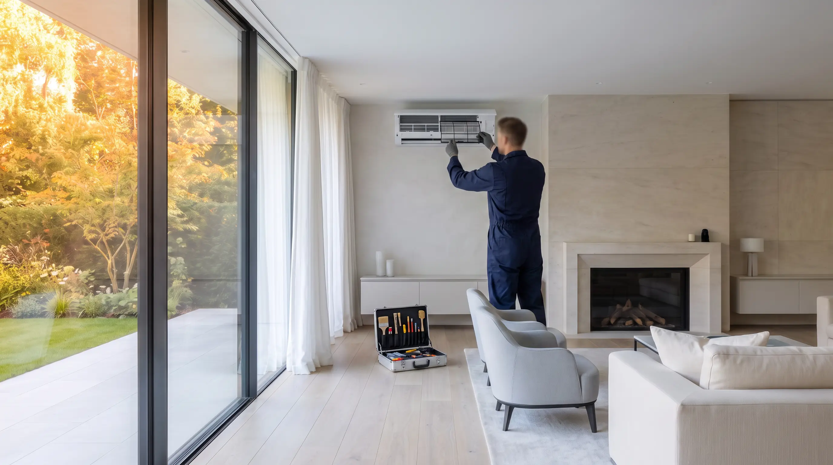 Engineer carefully servicing a wall-mounted unit's filters