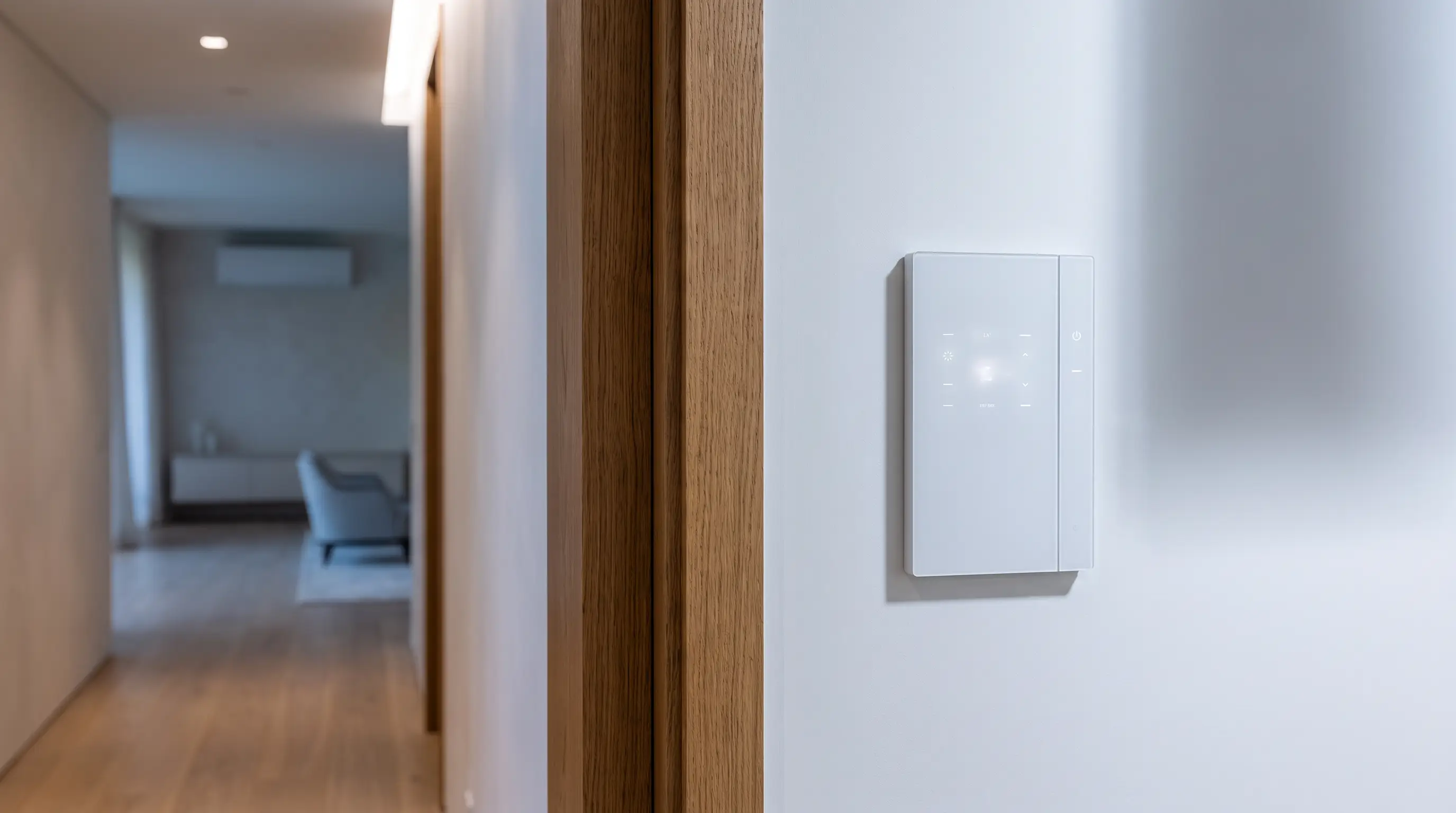 Minimal climate control panel in a refined hallway