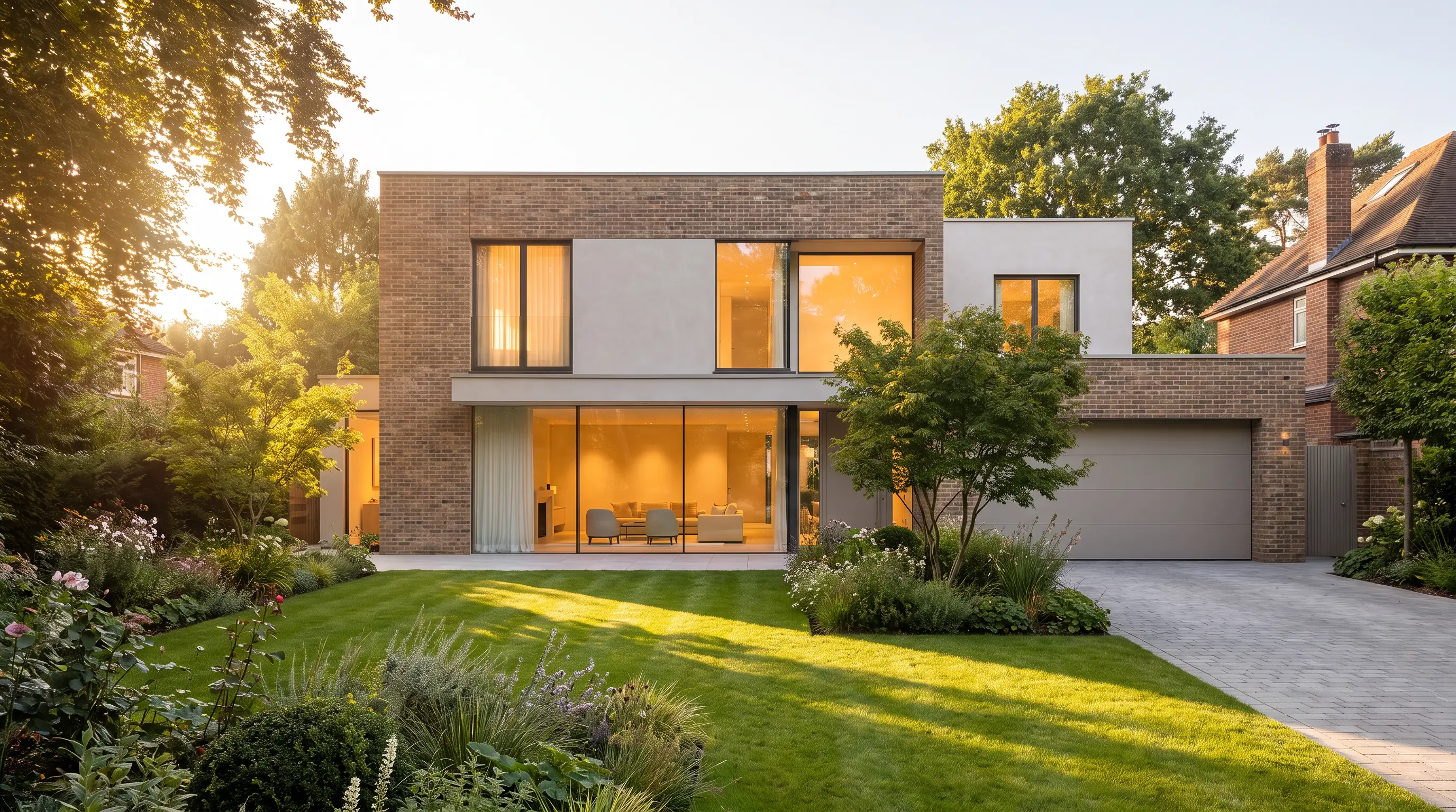 Contemporary British home at golden hour in the Home Counties