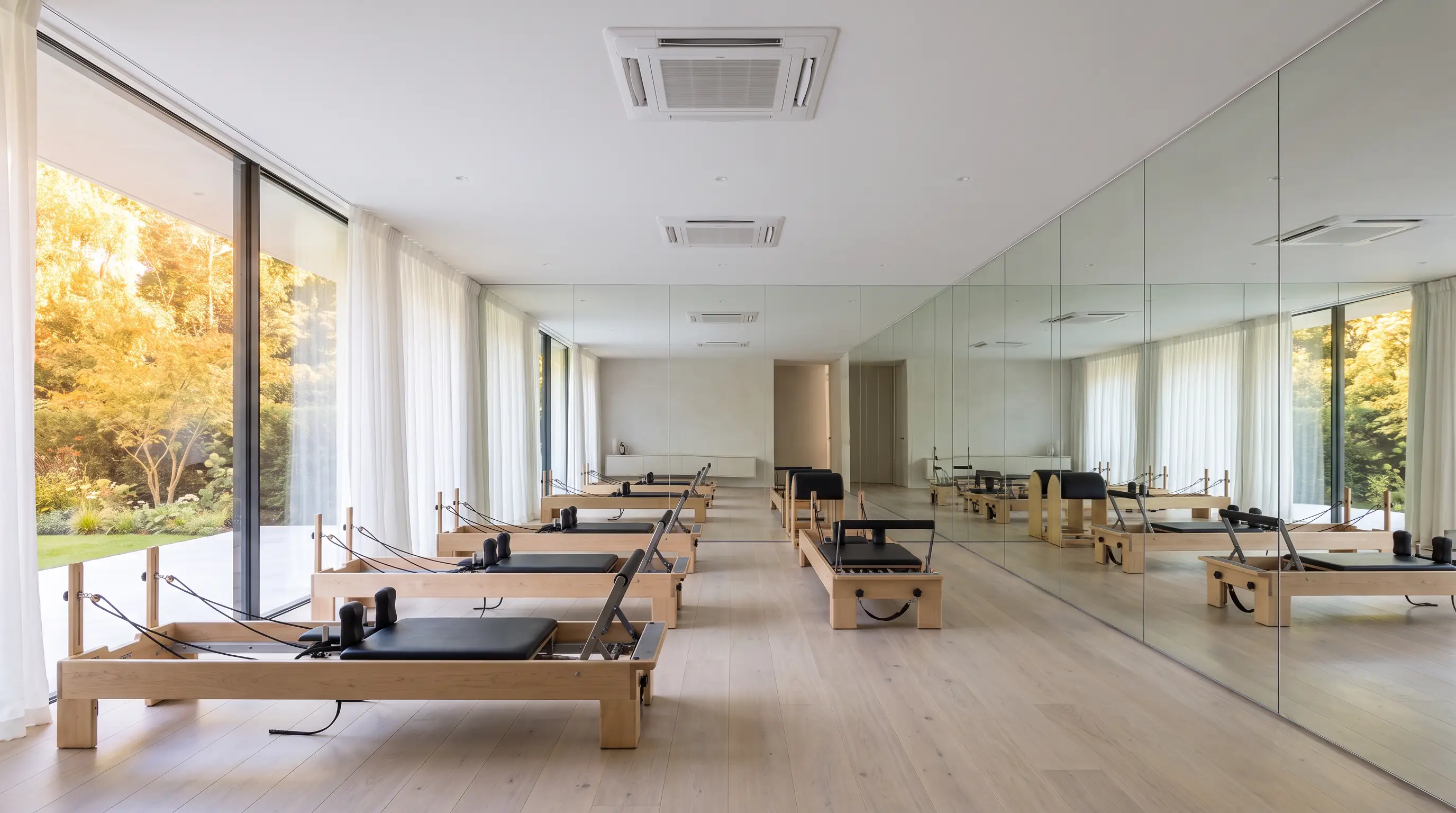 Calm reformer pilates studio with flush ceiling cassettes