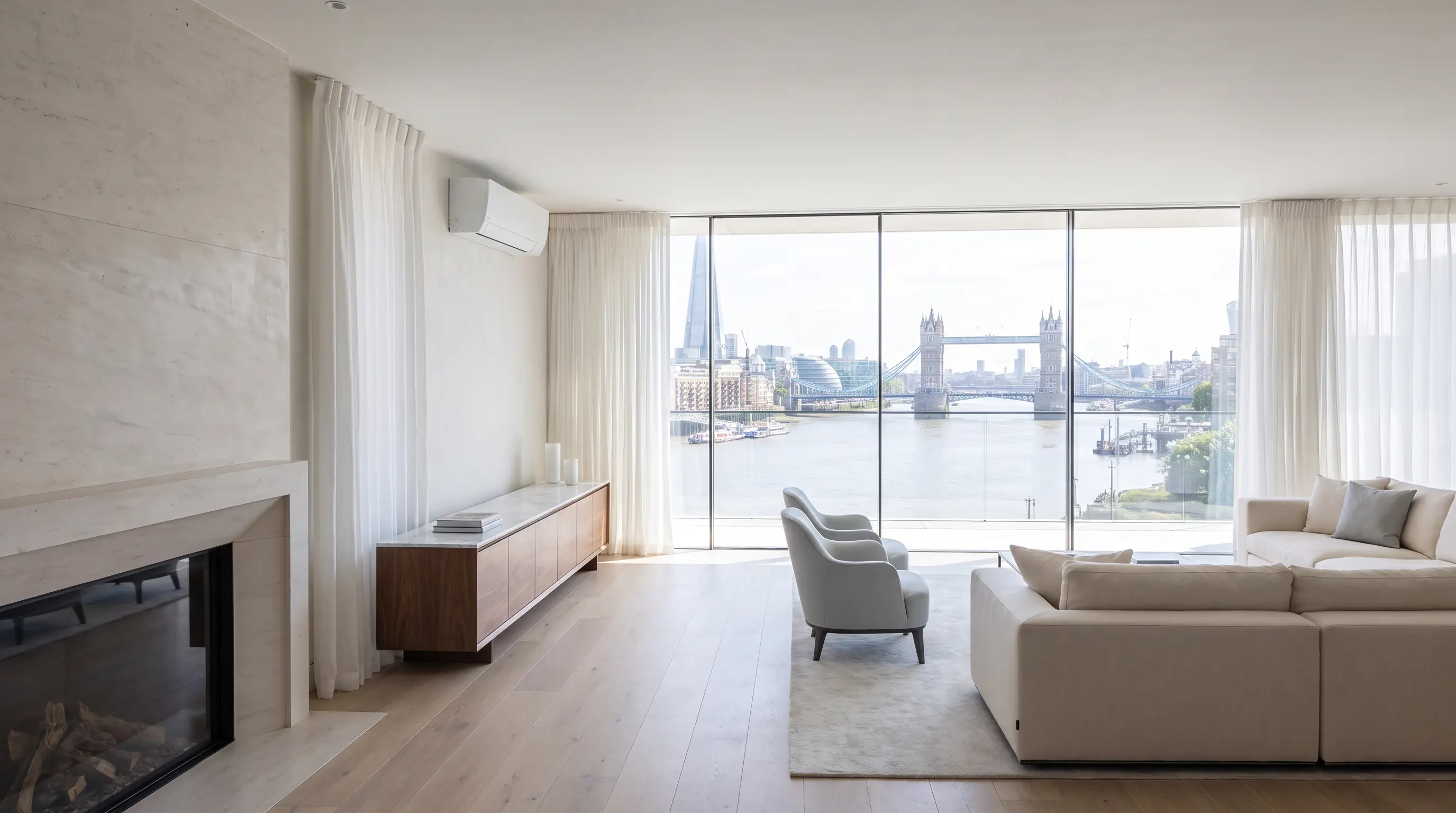 Luxury riverside apartment living room with discreet climate control