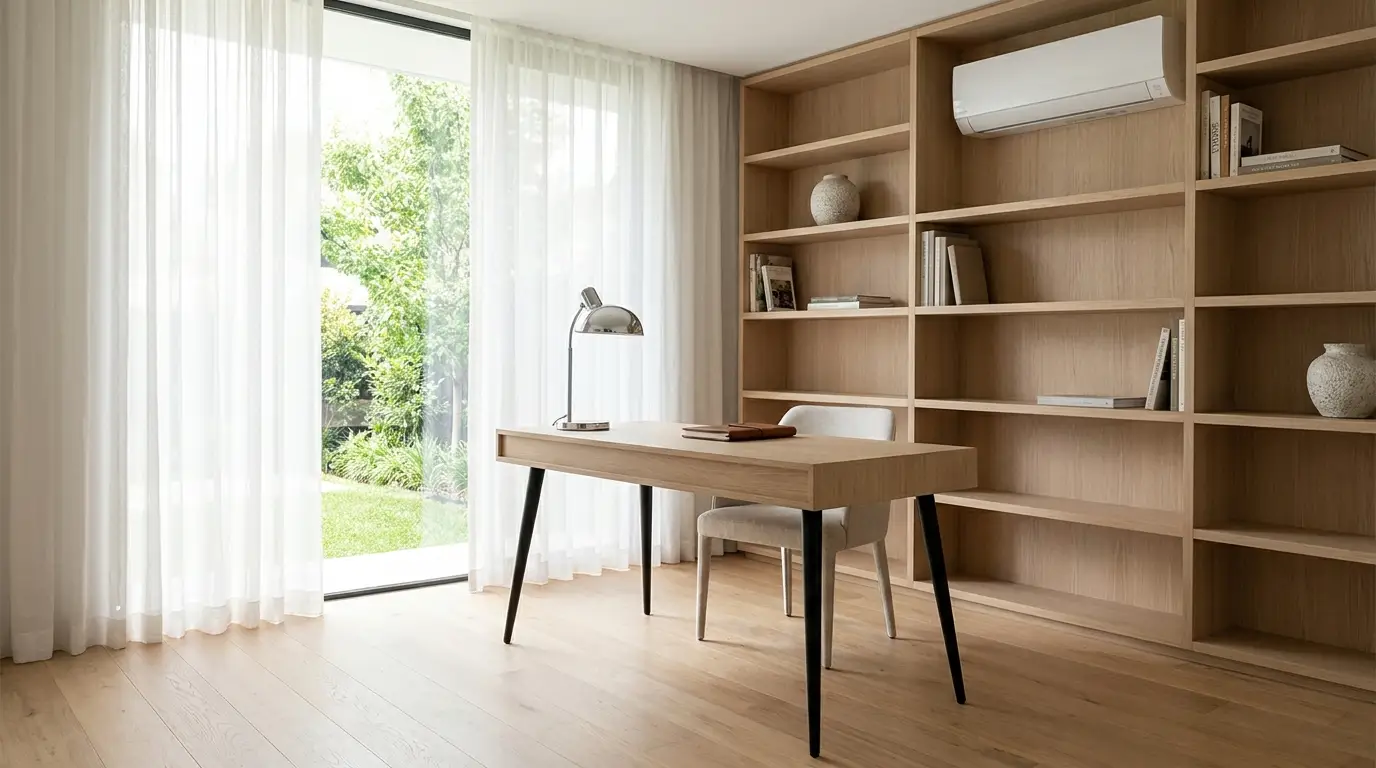 Home study with a freestanding desk and a discreet wall-mounted air-conditioning unit