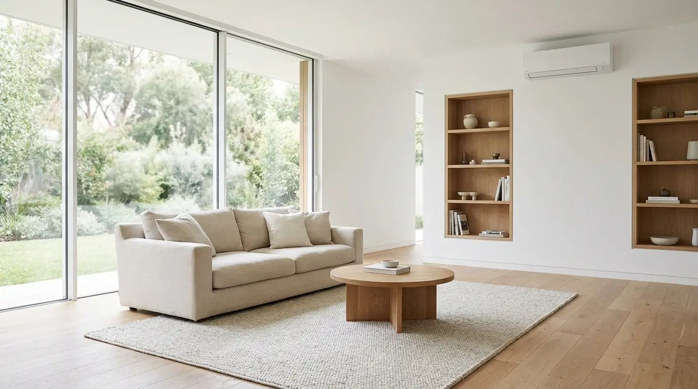 Bright open-plan living room with a discreet unit above the alcove shelving