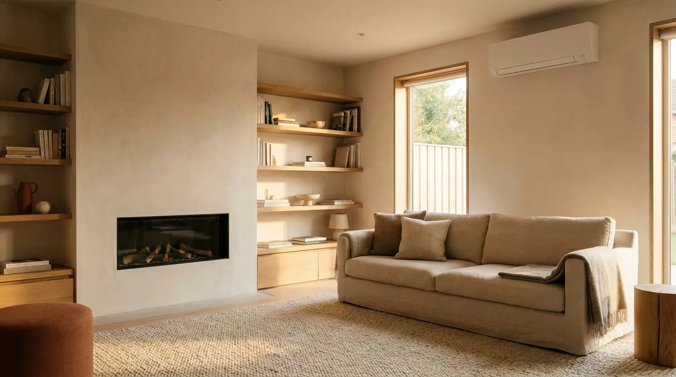 Cosy sitting room with a fireplace and a discreet wall-mounted unit