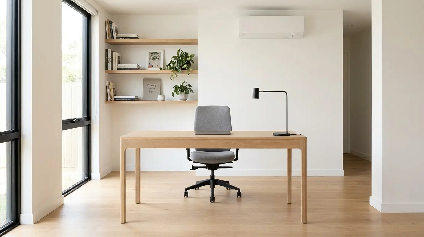 Bright home office with a discreet wall-mounted unit above the desk