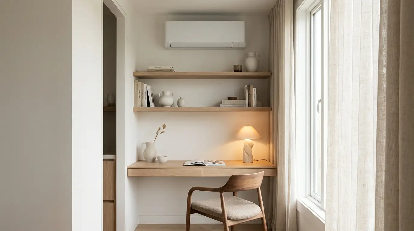 Compact study nook with a built-in desk and a discreet unit above