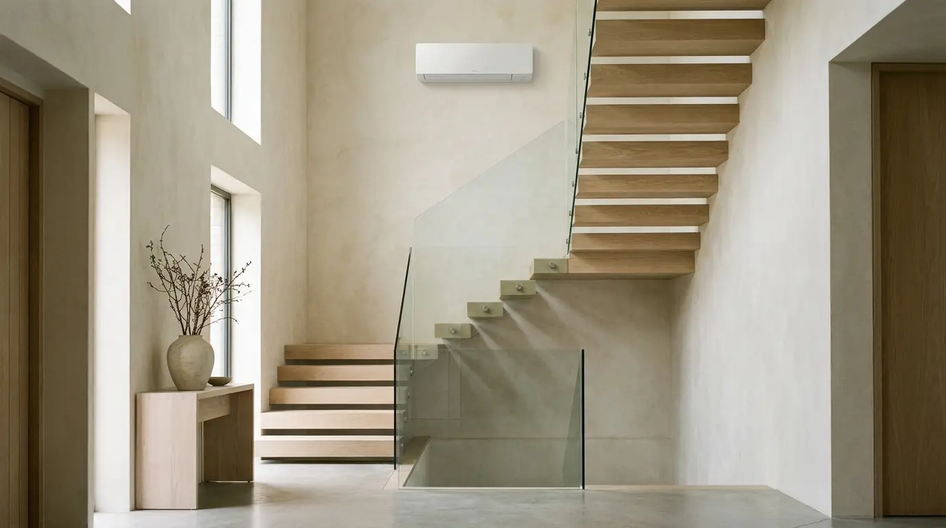 Elegant hallway and oak staircase kept comfortable throughout