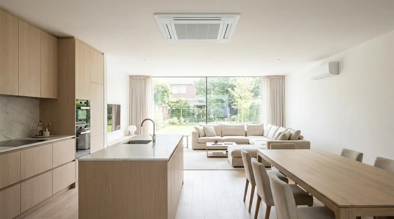 Open-plan kitchen and living space with discreet ceiling and wall units