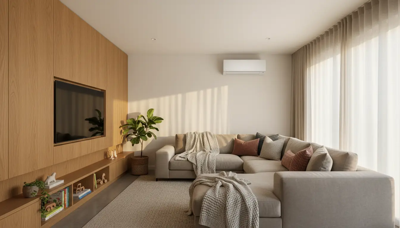 Relaxed family living room with a discreet unit above the curtain line