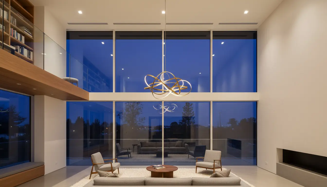 Double-height living space with a discreet linear grille above the glazing