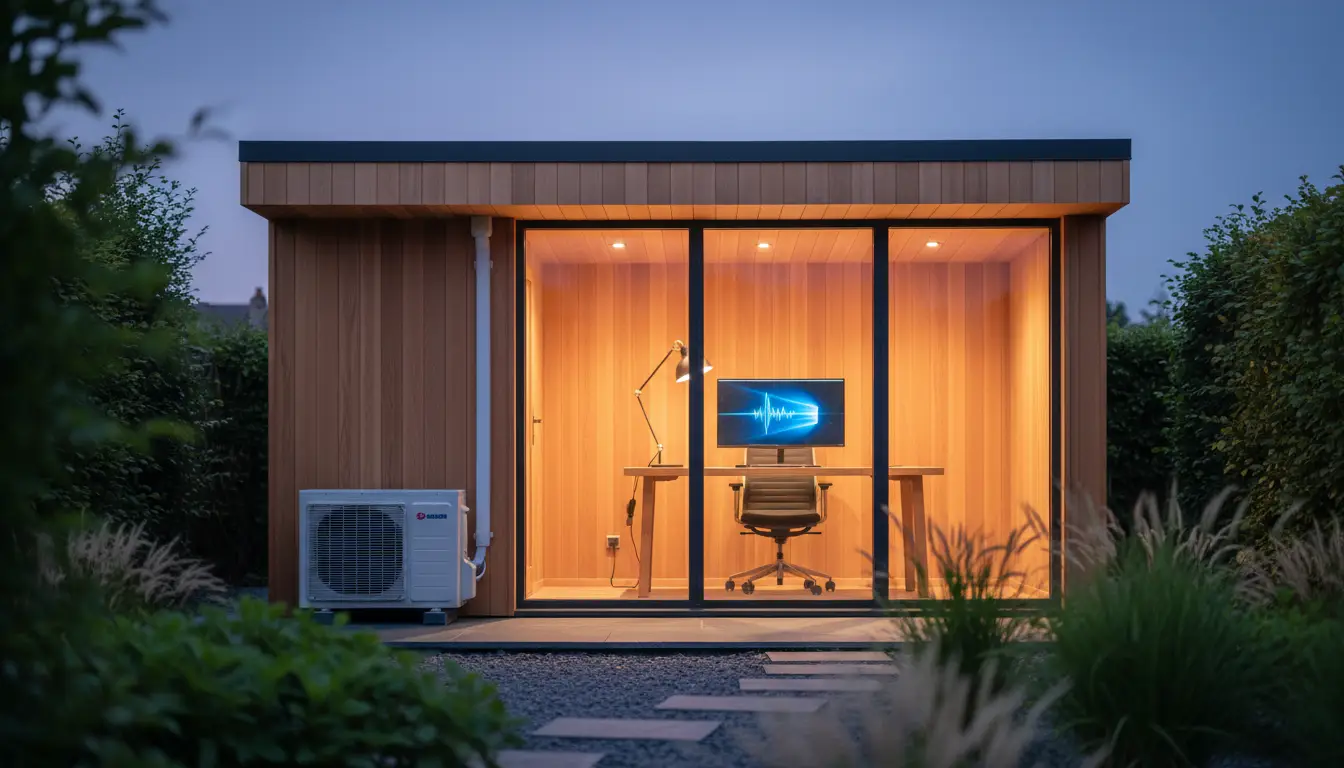 Garden office pod at dusk with a discreet condenser beside the timber wall