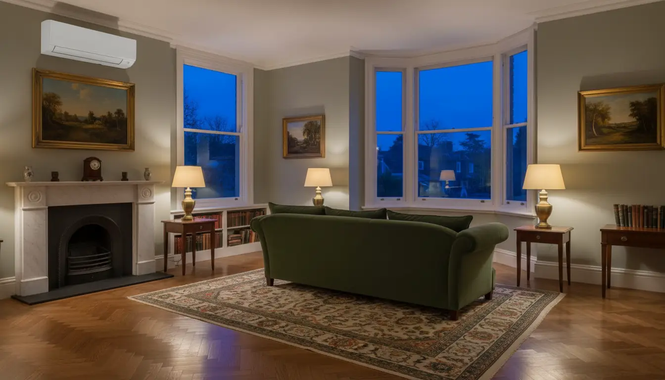 Classic English drawing room at dusk with a discreet unit above the fireplace