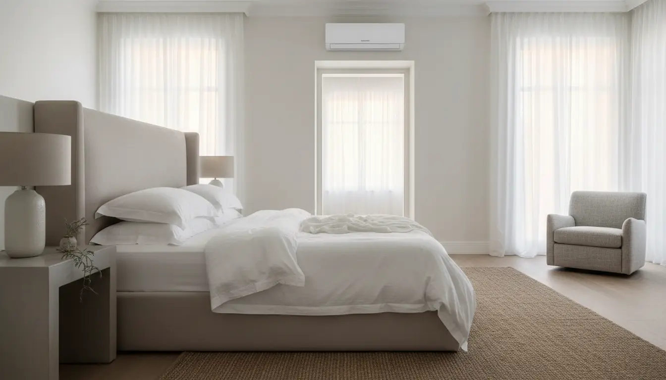 Master bedroom in soft morning light with a discreet unit above the doorway