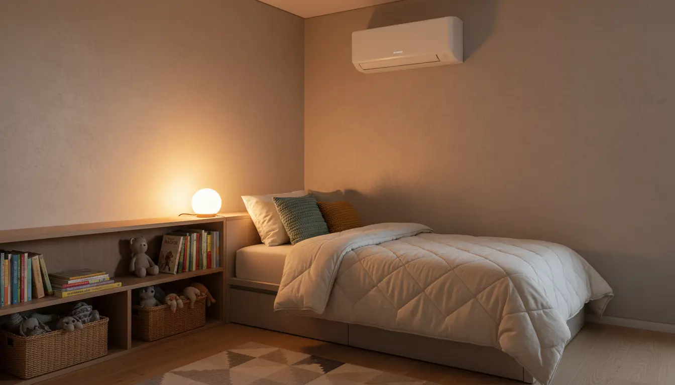 Cosy children's bedroom with a discreet compact unit high on the wall