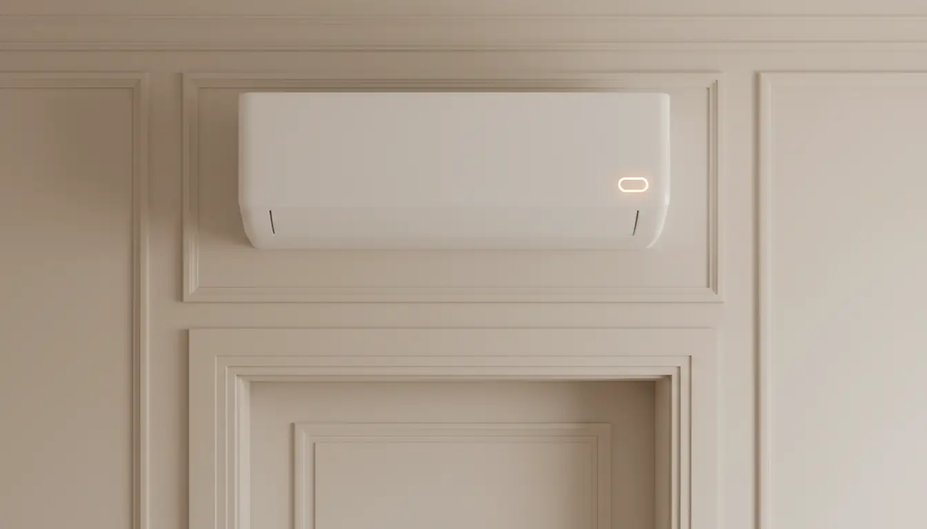 Close detail of a slim white unit above a bedroom door with a soft night-mode glow