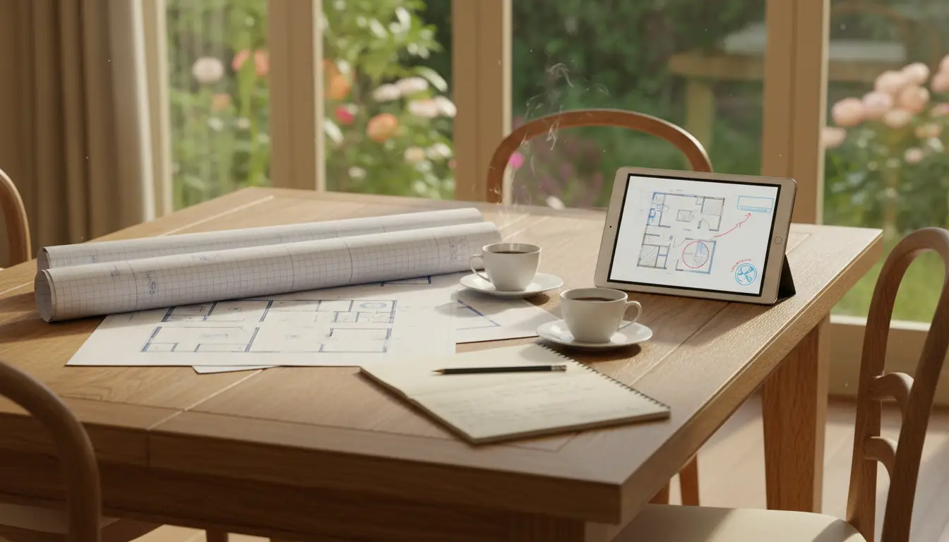 Floor plans and a tablet on a table during a consultation