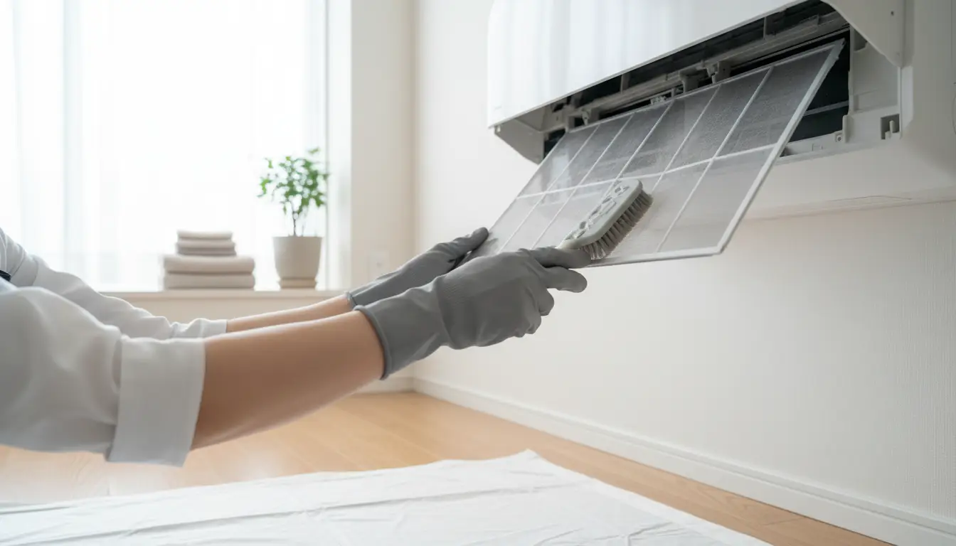Gloved hands cleaning the filter of a wall-mounted unit