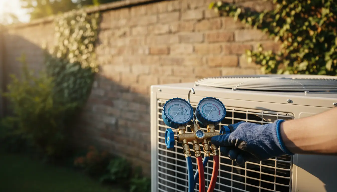 Digital manifold gauge connected to an outdoor condenser