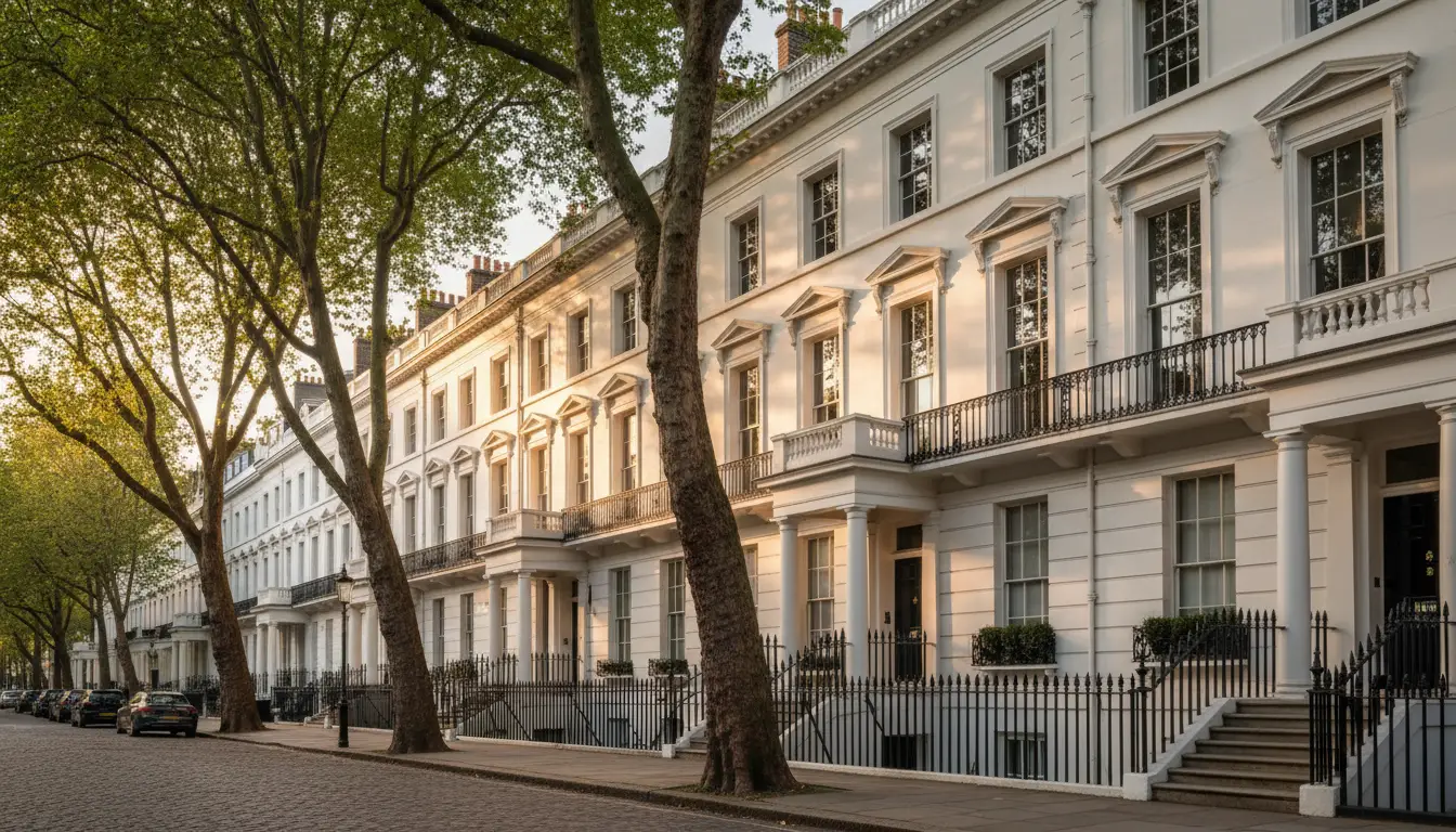 White stucco London townhouse terrace at golden hour