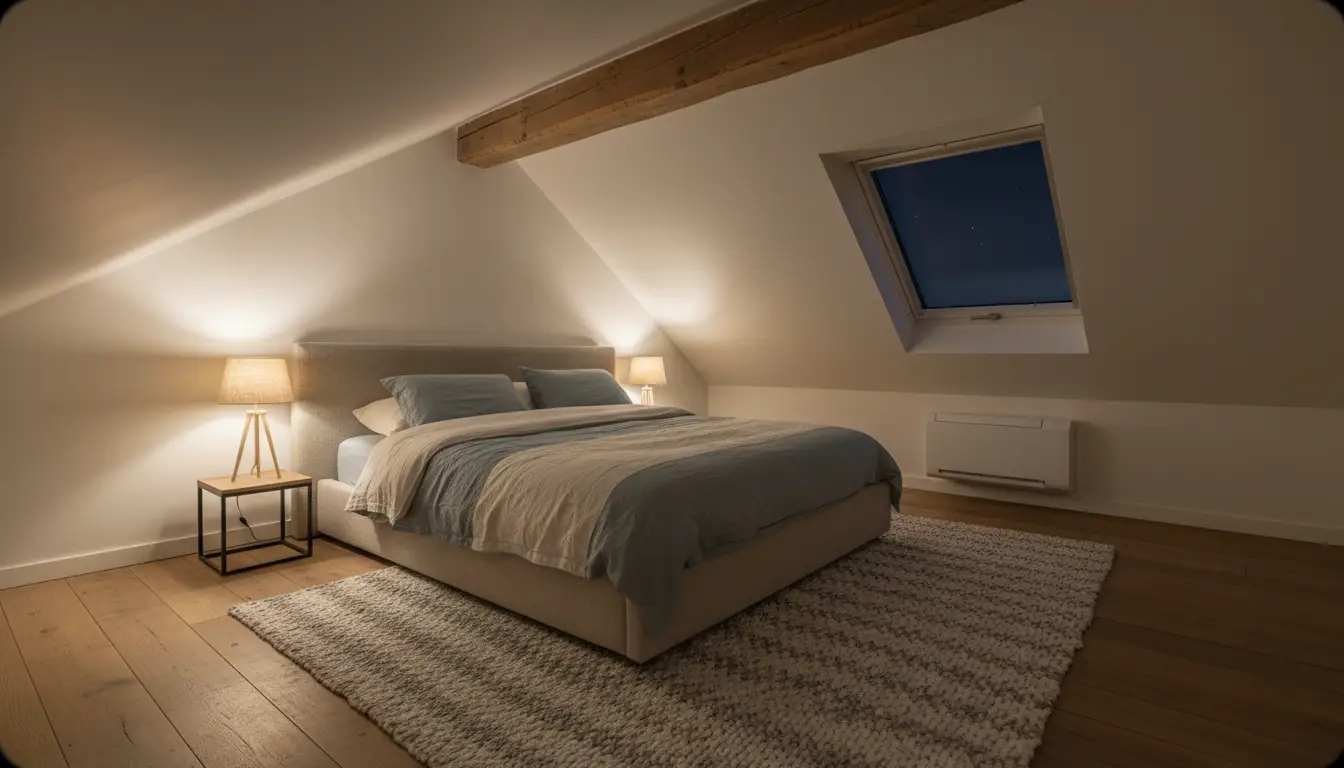 Converted loft bedroom at night with a discreet wall unit below the eaves