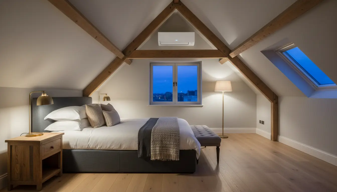 Converted loft at dusk with a discreet unit high on the gable wall