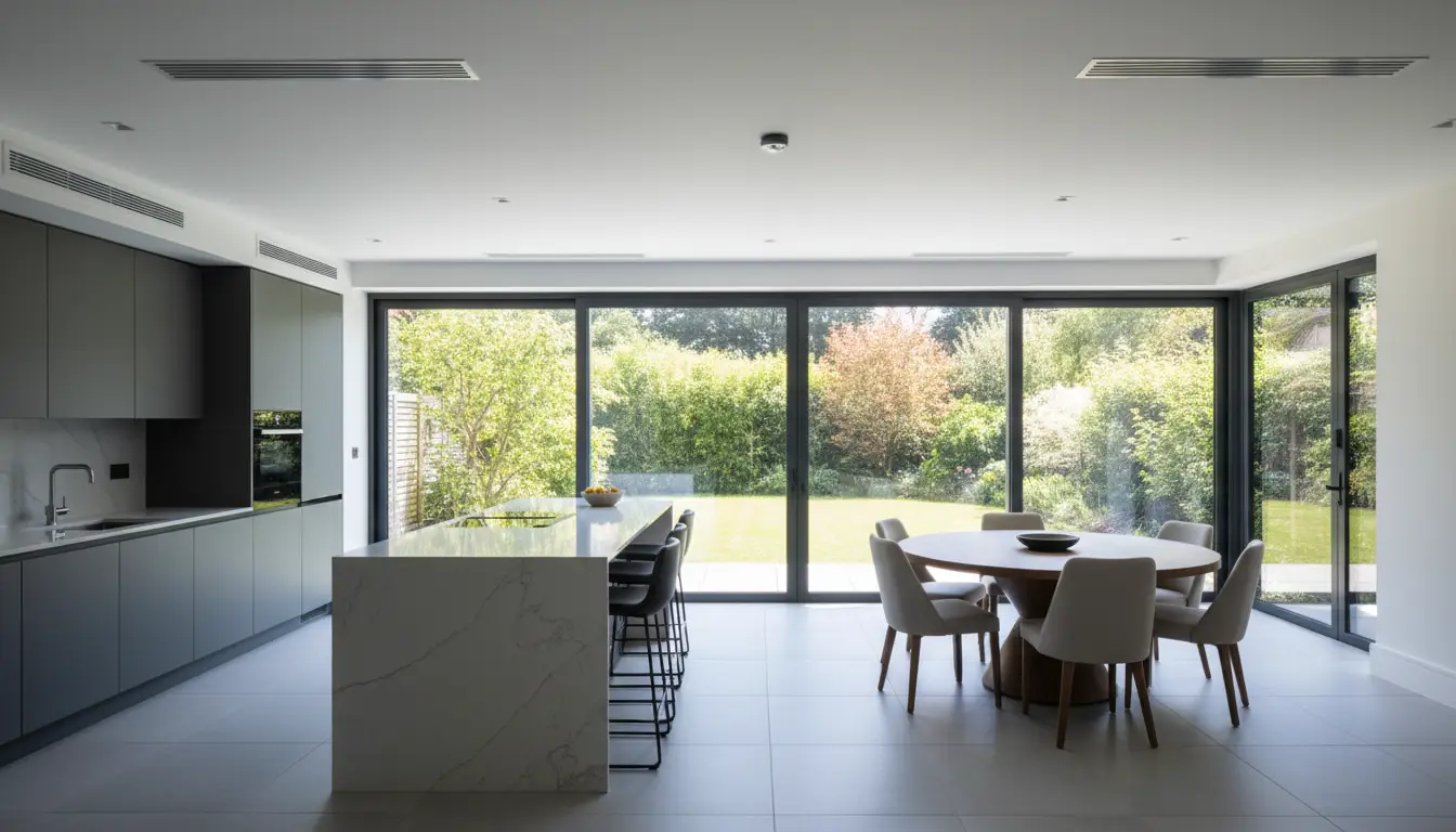 Glazed kitchen extension kept cool by discreet linear grilles