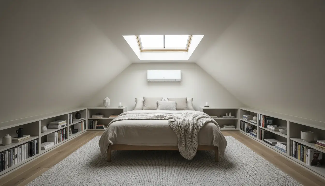 Loft studio bedroom under the eaves with a compact unit on the gable wall