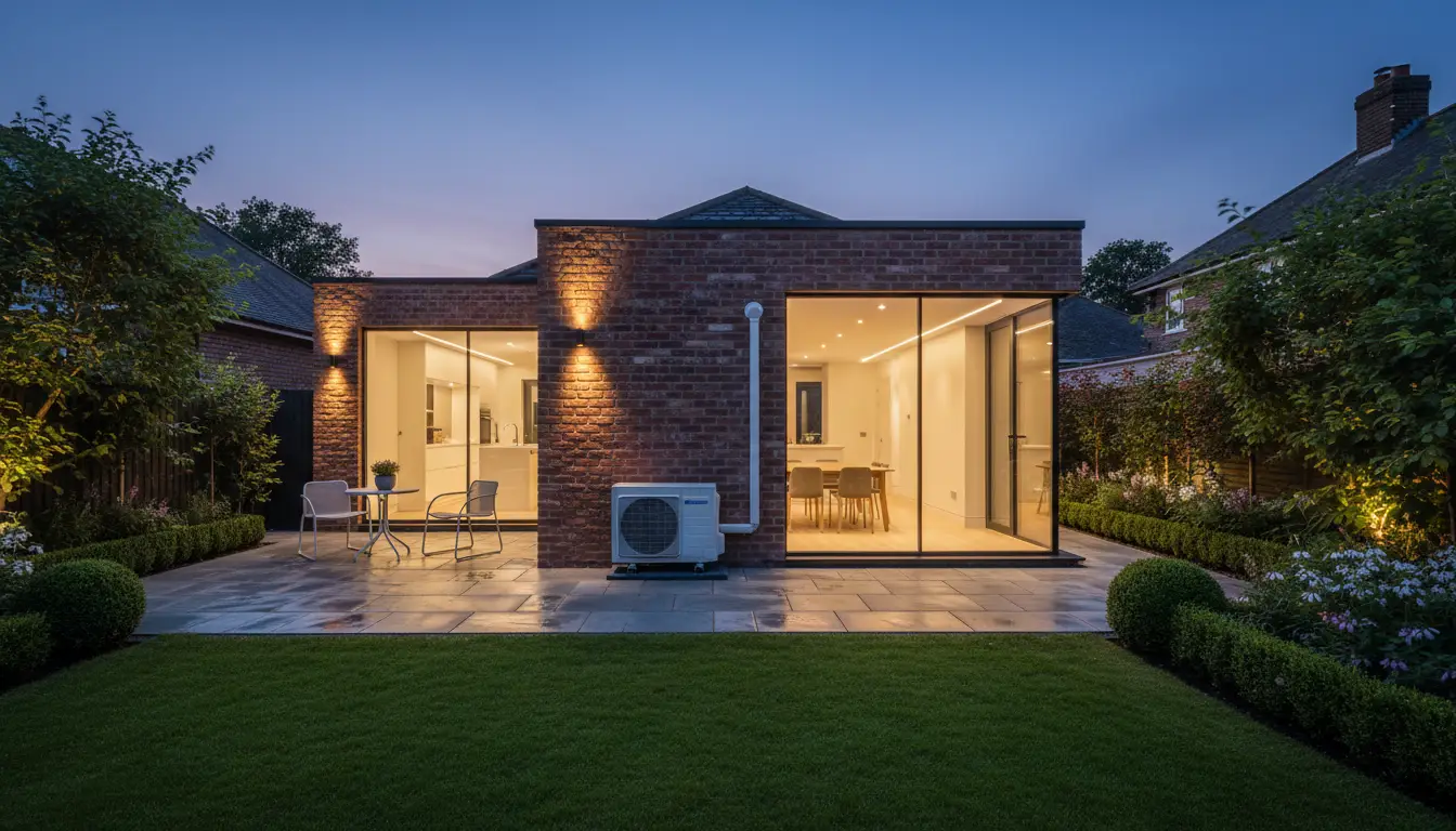 Rear garden extension at dusk with a discreet neatly installed condenser