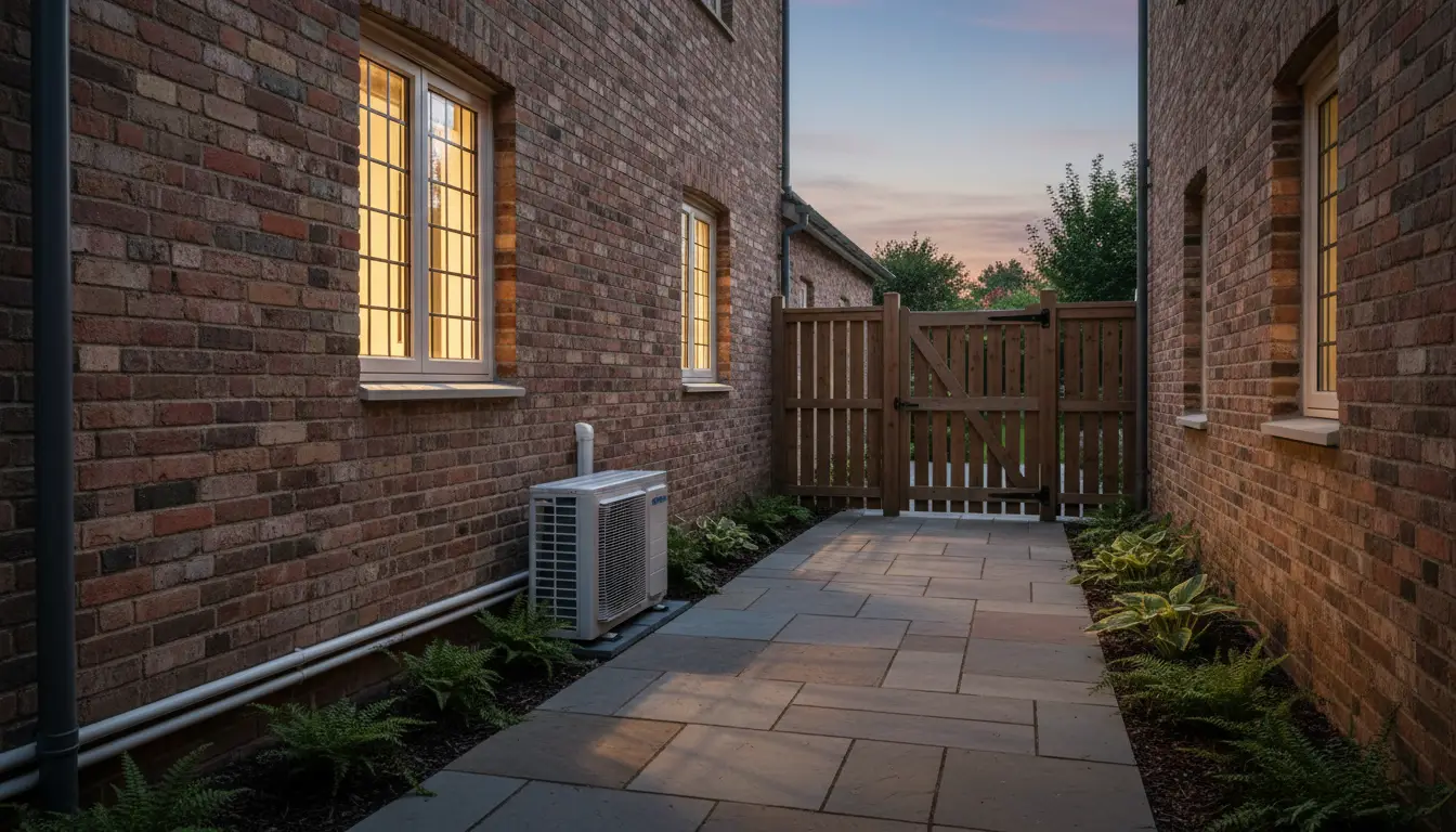 Air-conditioning condenser discreetly tucked down the side passage of a house