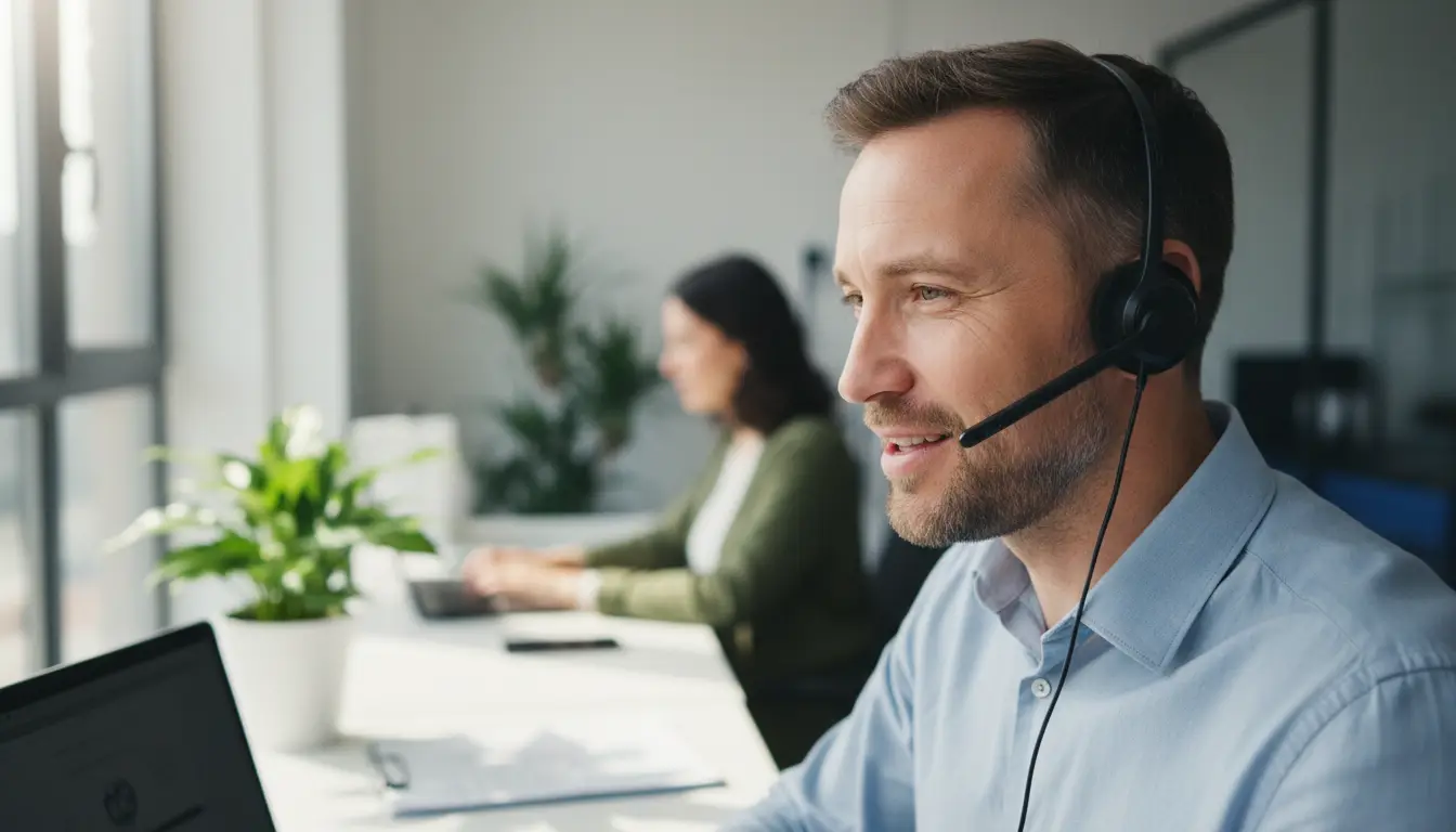 A BLUE DEGREE specialist taking a call at the office