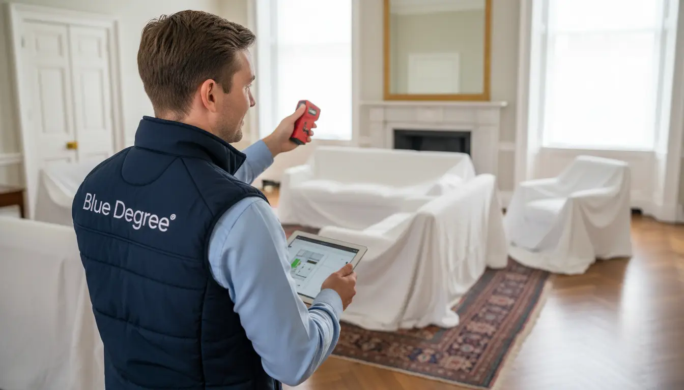 A BLUE DEGREE surveyor in a branded gilet measuring a dust-sheeted room