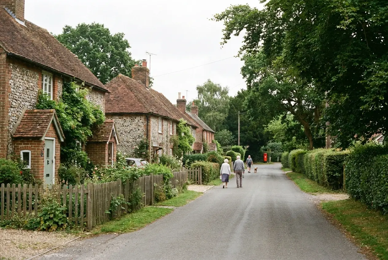 Brick-and-flint cottages on a Home Counties village lane