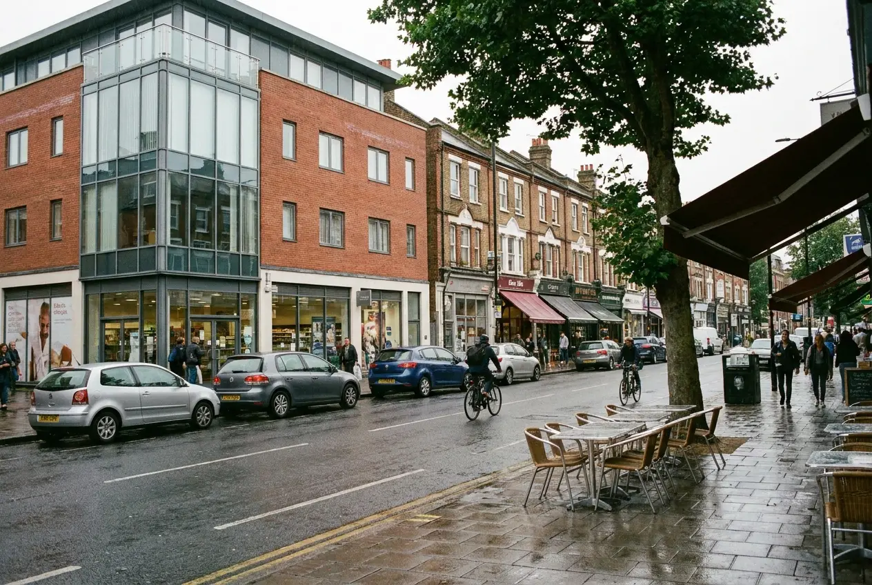 Contemporary glass office building on a market-town high street