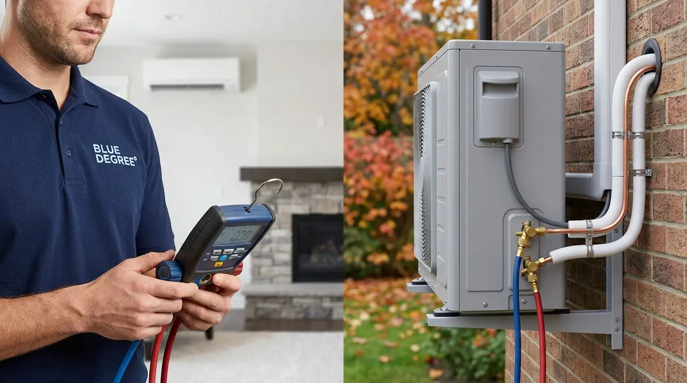 Engineer commissioning the refrigerant circuit with a digital manifold gauge