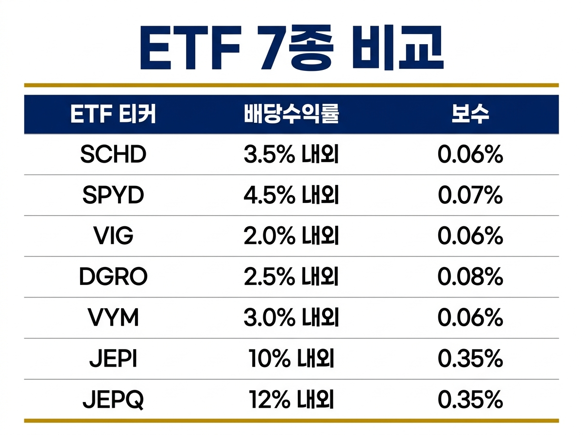 SCHD, VIG, DGRO, VYM, SPYD, JEPI, JEPQ 배당수익률과 운용보수 비교표