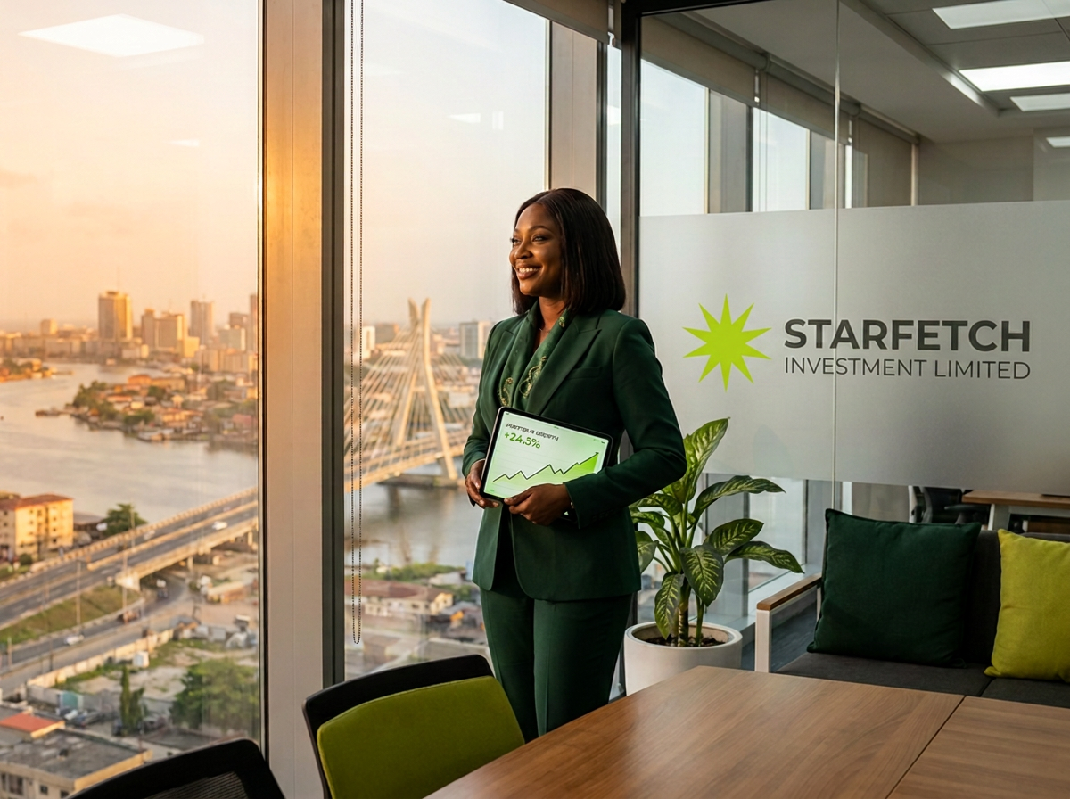Starfetch — a confident portfolio manager overlooking the Lagos skyline