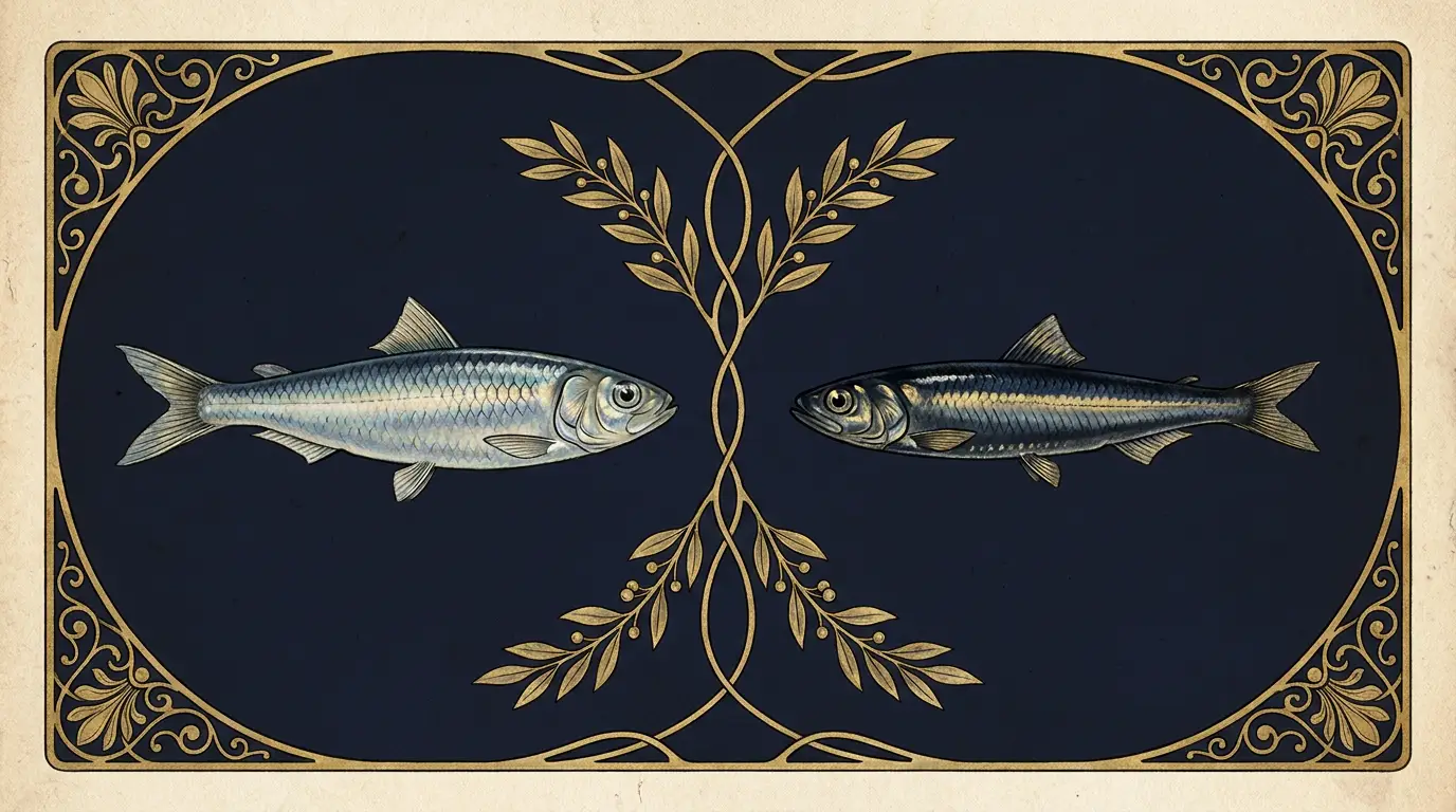 Vintage natural-history plate comparing a sardine and an anchovy