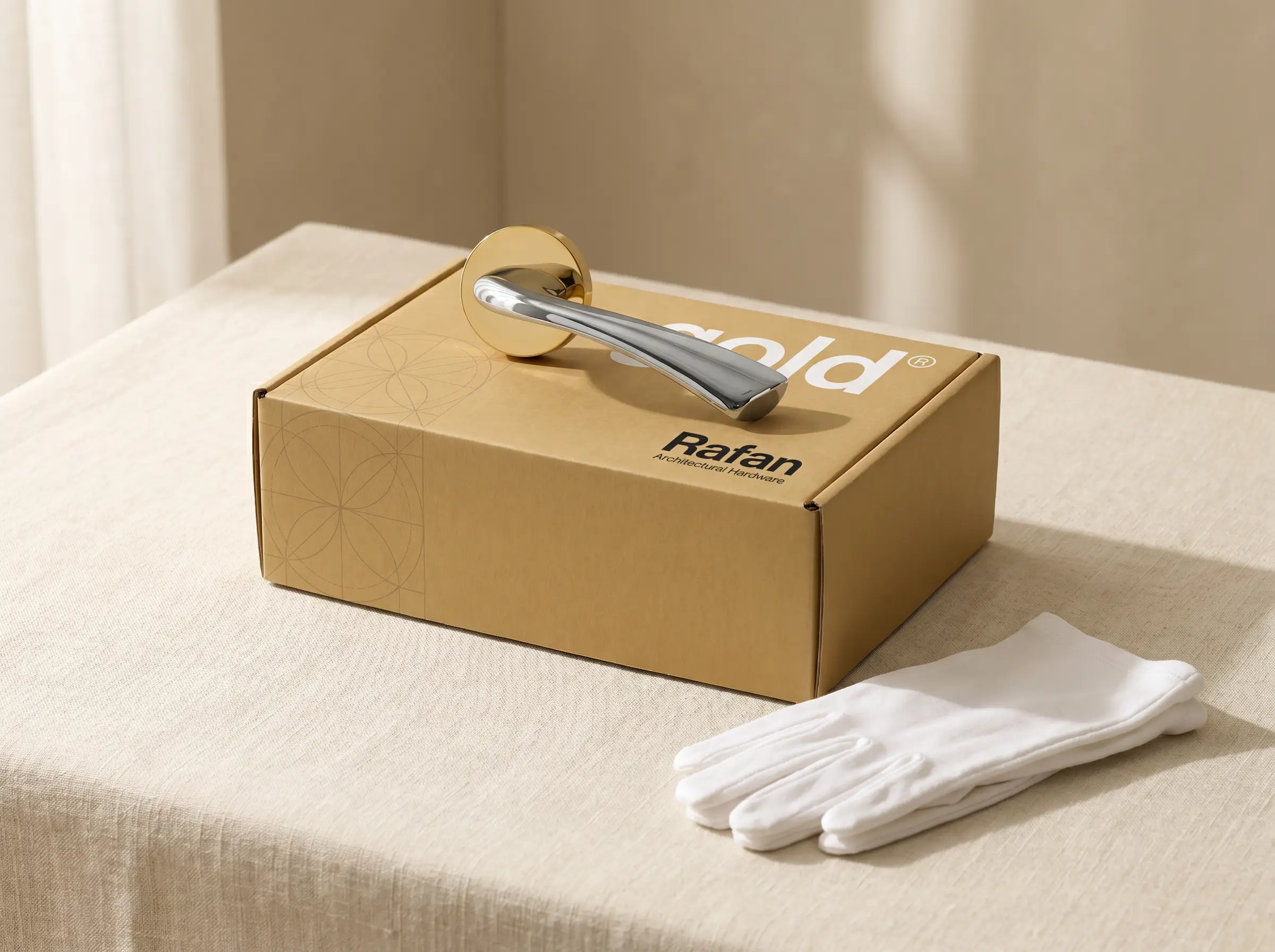 Closed Rafan gold packaging box with chrome and gold lever handle on top