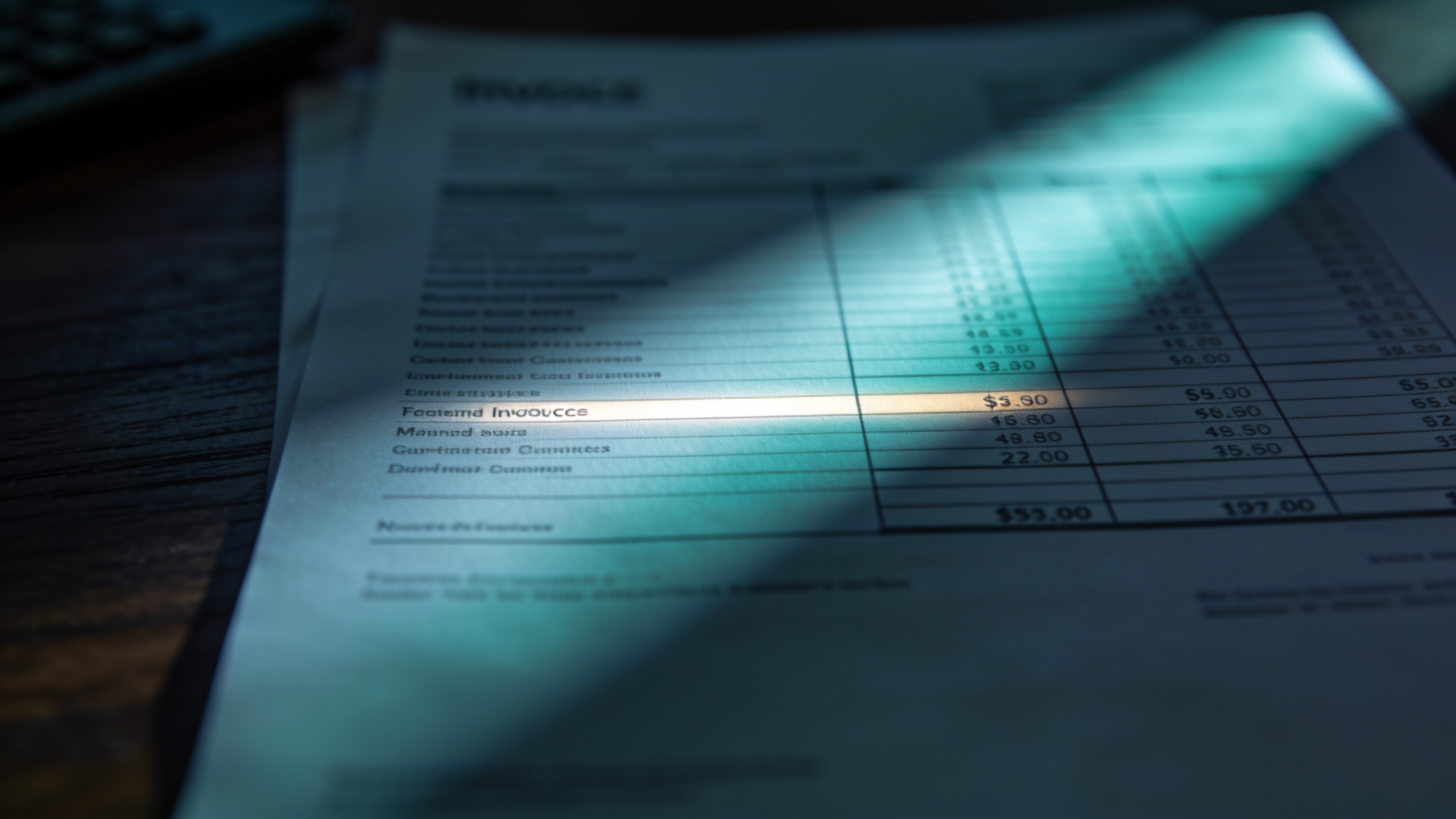 Extreme close-up of an invoice, with a single line item caught in a narrow beam of light.