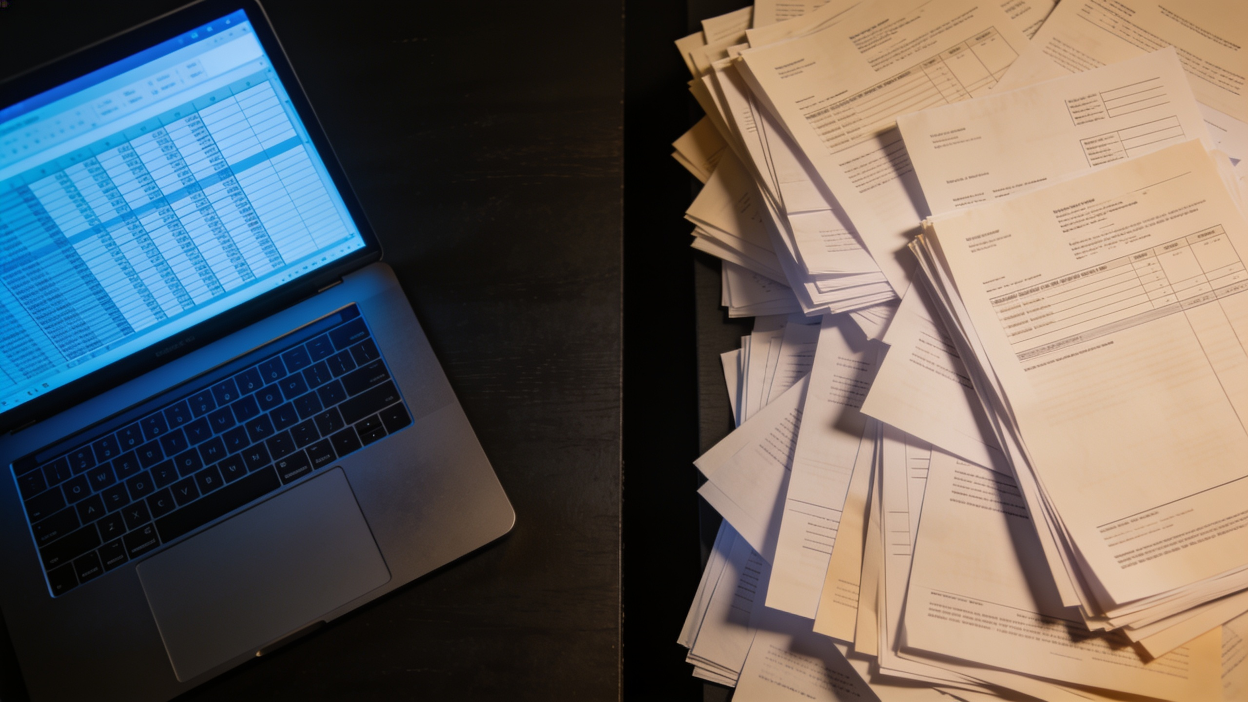 A laptop showing a spreadsheet grid on one side of a desk, a pile of paper invoices on the other, with bare desk between them.