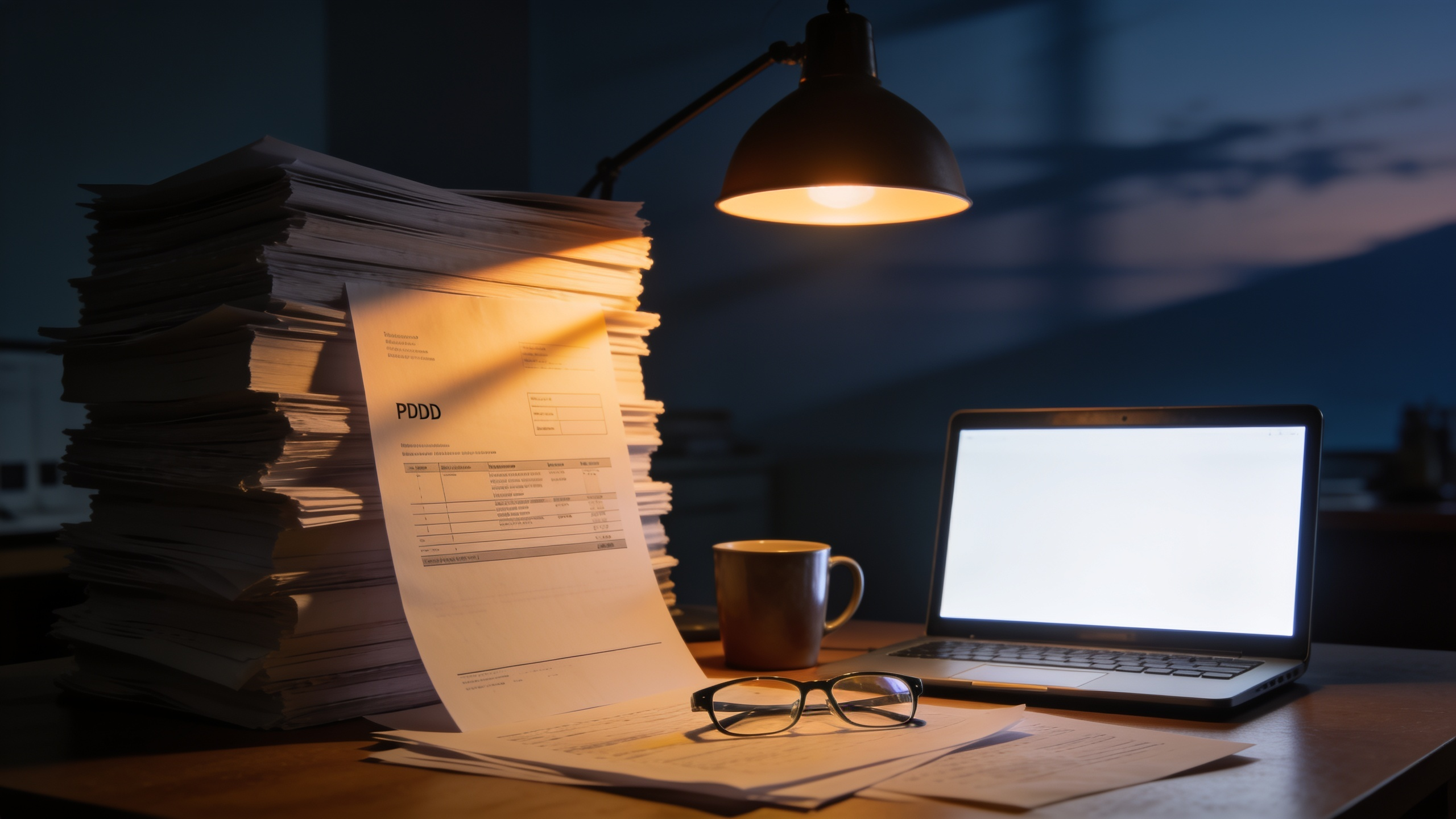 A small business owner's desk at dusk, stacked with printed invoices beside a glowing laptop.