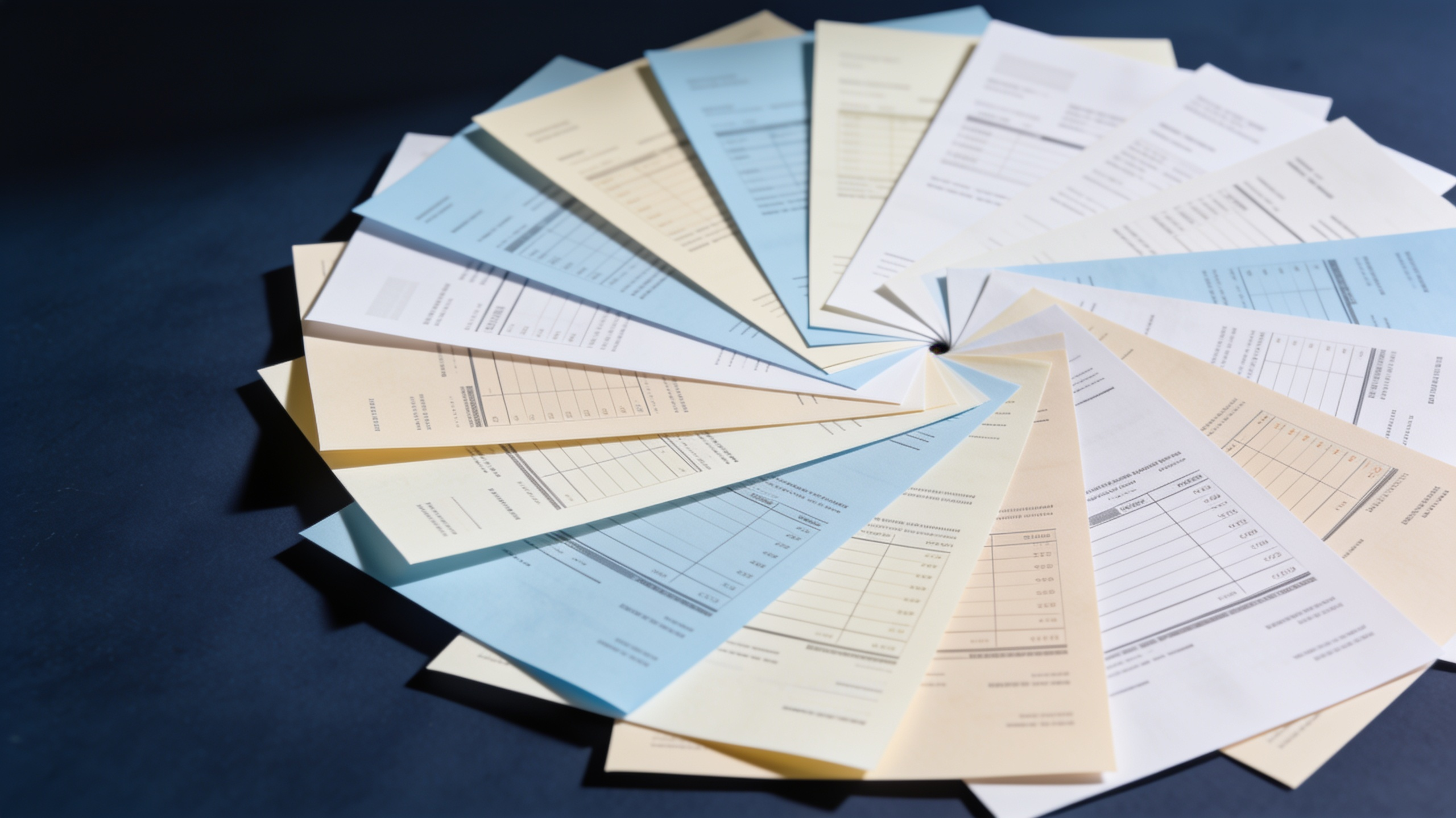 Overhead view of a dozen bills and statements in different formats, fanned out across a dark surface.