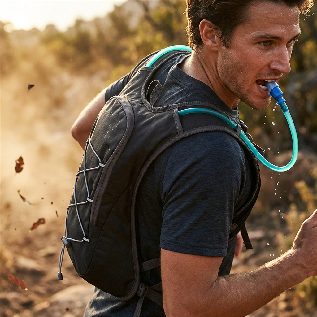 Atleta bebiendo del tubo de la mochila de hidratación mientras corre