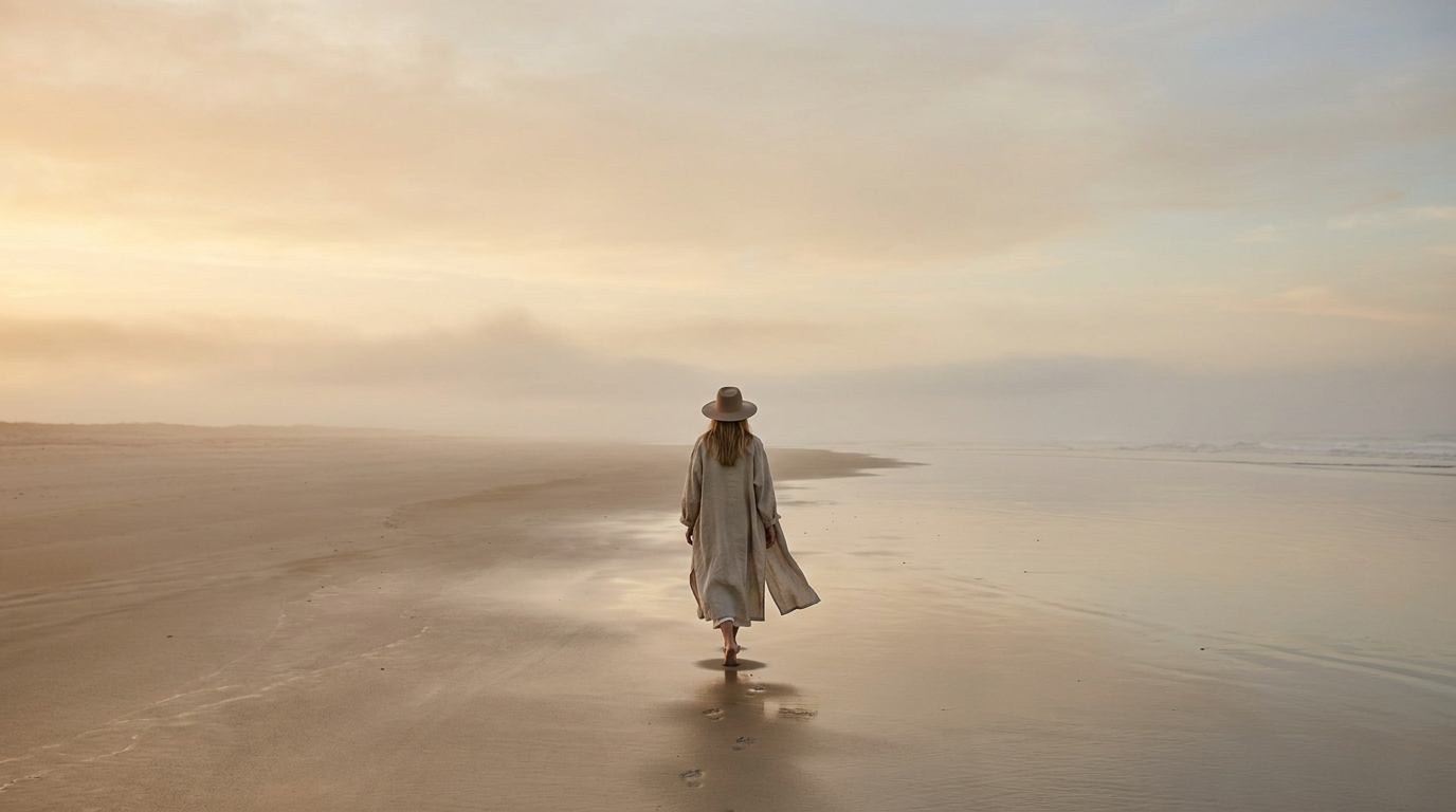 Solo traveller on a calm shoreline at dawn